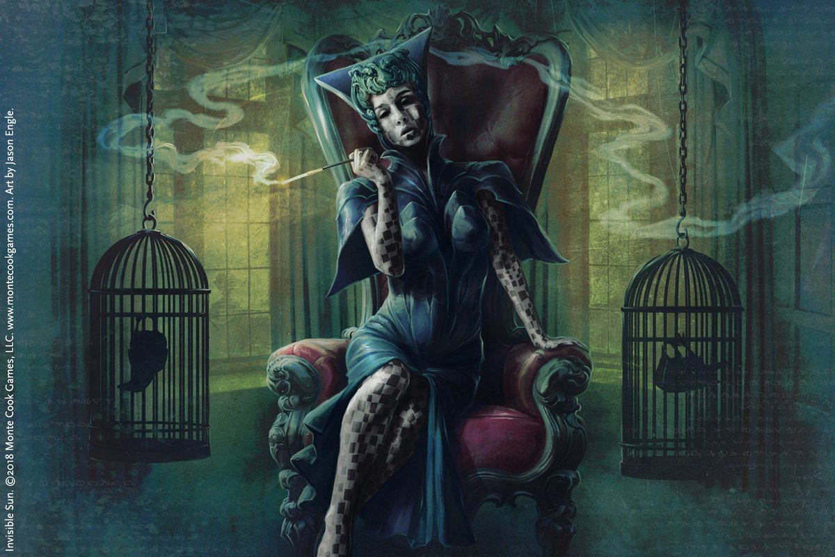 A striking woman in an angular dress sits smoking in a velvet chair flanked by two cages containing upside-down ravens.